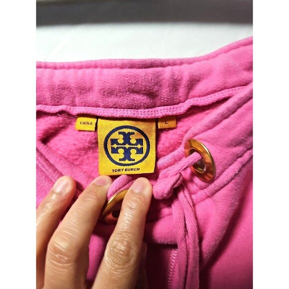 Tory Burch Drawstring Sweatpants Women LRG Pink Casual Joggers Gold Logo Charms - Picture 3 of 12